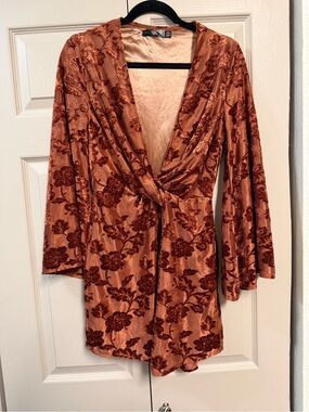 Misguided Rust Floral Velvet Twist Front mini dress